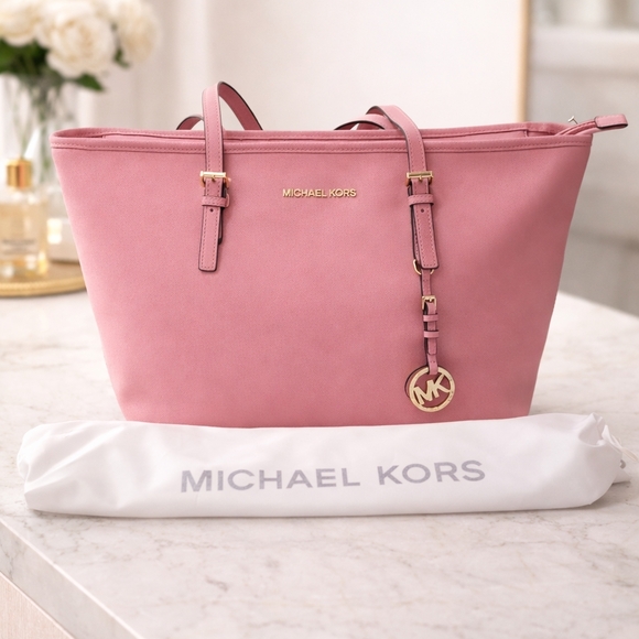 Michael Kors Handbags - NWOT Michael Kors Rose Pink Leather Tote with Gold Accents And Duster Bag
